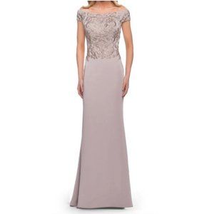 La Femme off the shoulder light taupe embroidered bodice dress size 14